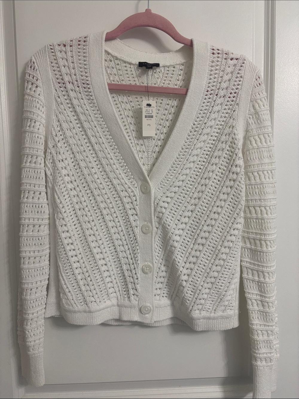 NWT Talbots White Open Weave V-Neck Button Cardigan Size Petite Small